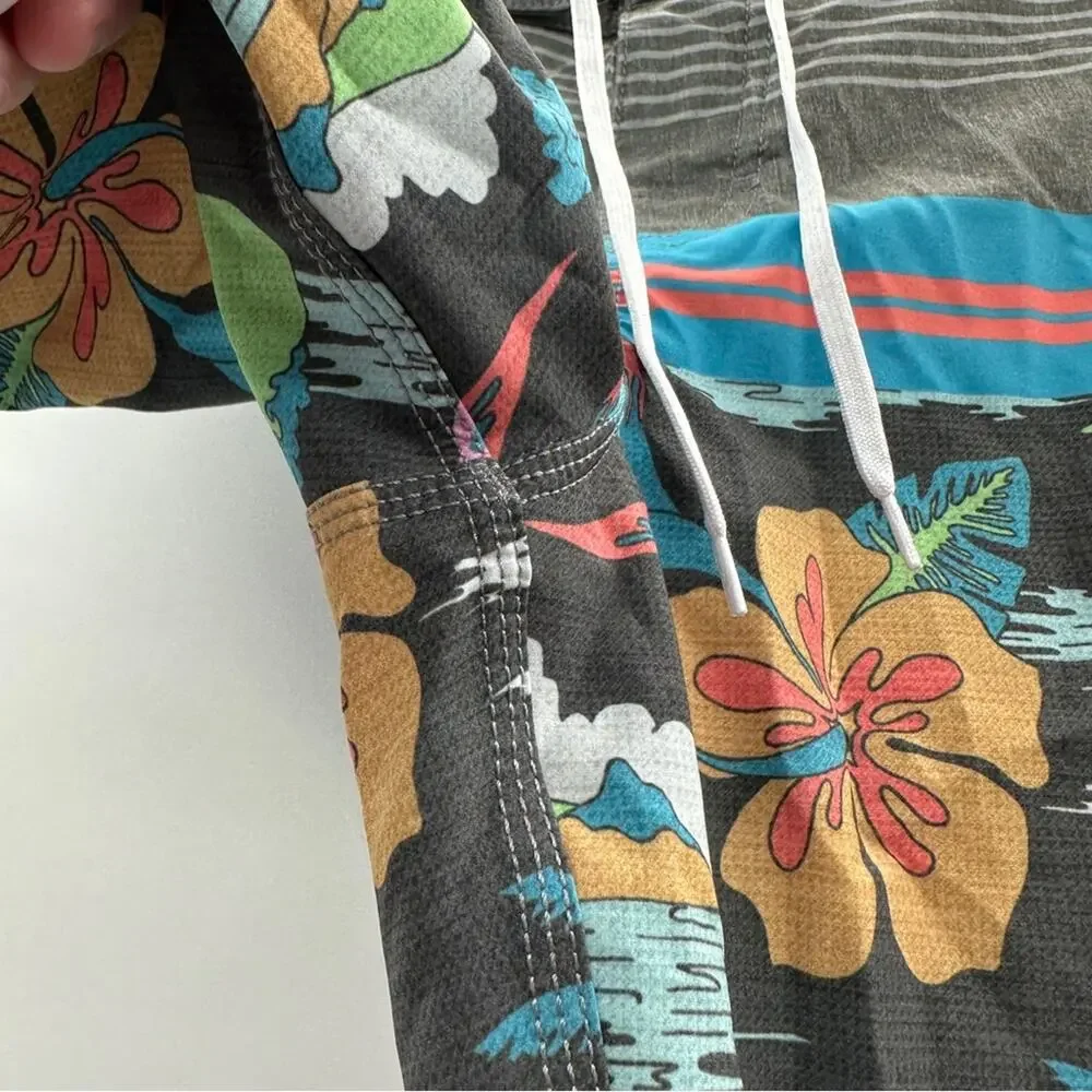 Nauset Surf Gray Multicolor Tropical‎ Floral Palm Tree Print Swim Trunks Sz 27
